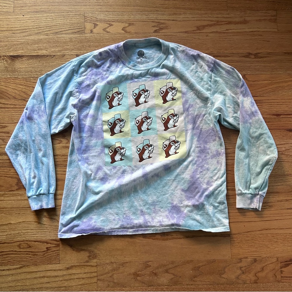 Buc-ees Shirt Mens XL Purple Blue Tie Dye Pop Art Logo Long Sleeve Crew Neck GUC
